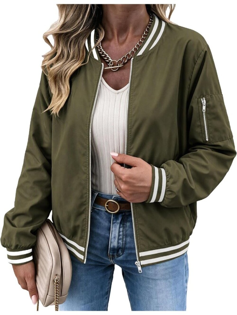 Women's Green 100% Polyester Zip Up Utility Pocket Spring Flight Bomber Jacket